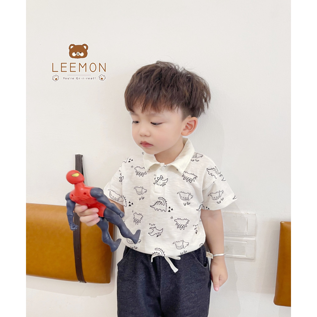 Bộ Polo khủng long cho bé trai Beemo,Chất liệu mềm mát,Áo cotton xược in khủng long dễ thương,phối quần giả bò B326