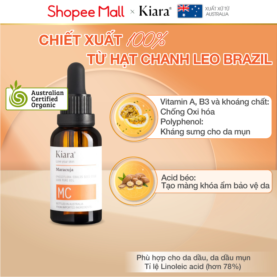 Bộ đôi kiềm dầu giảm mụn Dầu Dưỡng Ẩm Kiara Maracuja Oil 30ml & Tinh Dầu Tràm Trà Chấm Mụn Kiara Tea Tree Oil 10ml