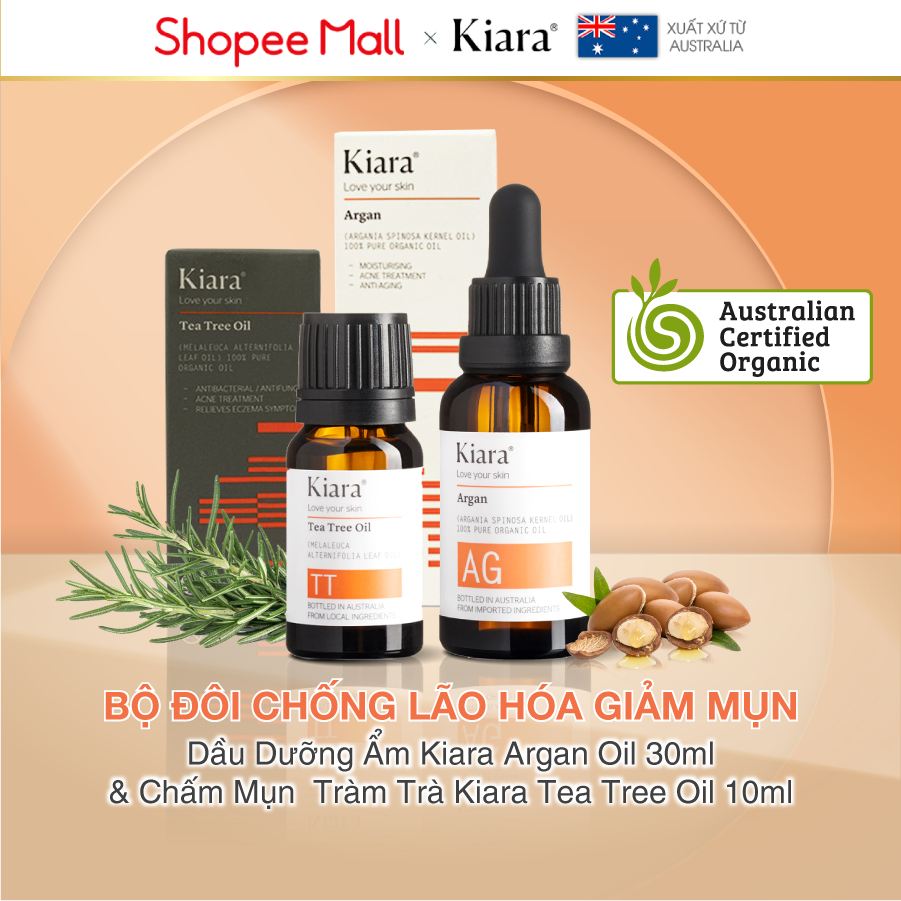 Bộ đôi chống lão hóa giảm mụn Dầu Dưỡng Ẩm Kiara Argan Oil 30ml &amp; Tinh Dầu Tràm Trà Chấm Mụn Kiara Tea Tree Oil 10ml