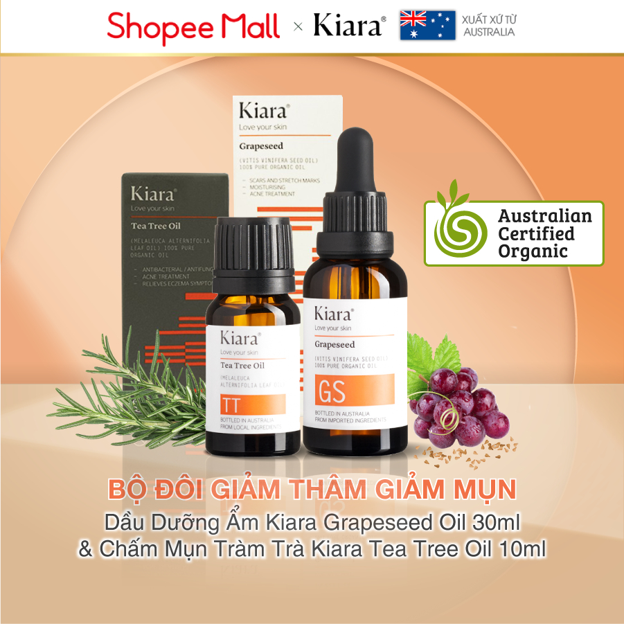 Bộ đôi giảm thâm giảm mụn Dầu Dưỡng Ẩm Kiara Grapeseed Oil 30ml & Tinh Dầu Tràm Trà Chấm Mụn Kiara Tea Tree Oil 10ml