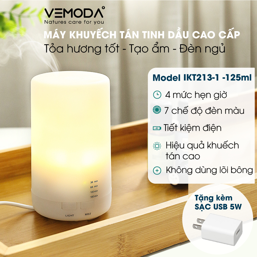 Máy xông tinh dầu cao cấp VEMODA IKT213  giúp khuếch tán tinh dầu hiệu quả, tỏa hương thơm thư giãn, giảm căng thẳng