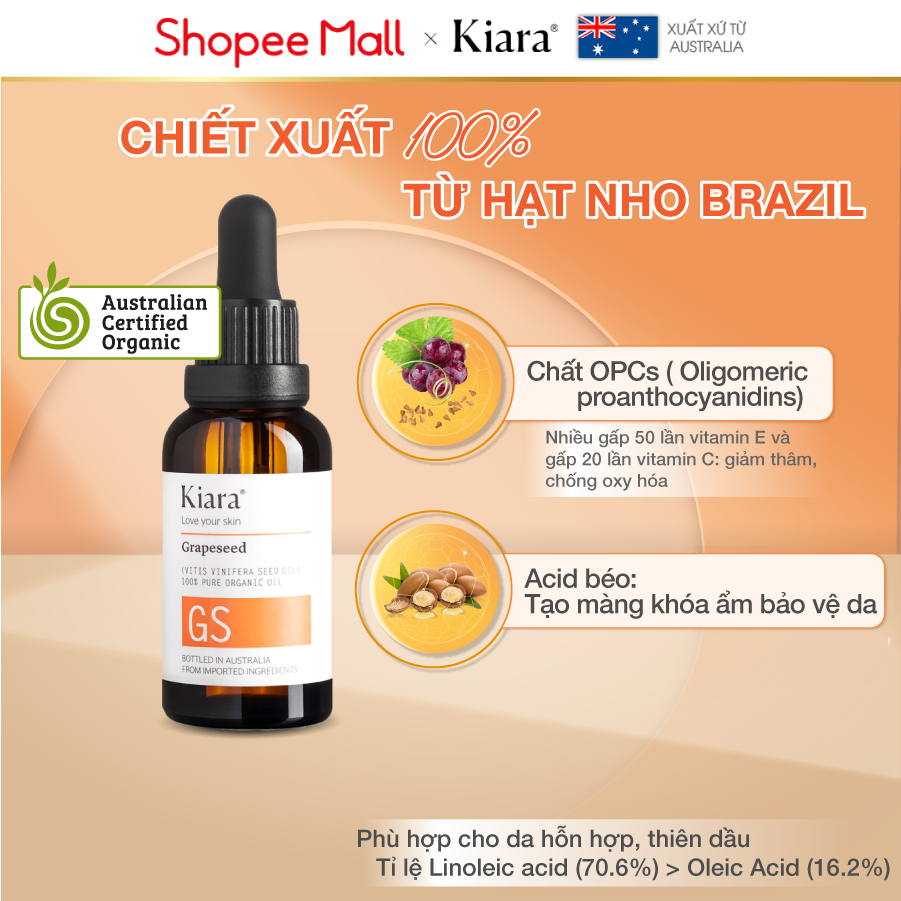 Combo 2 chai Dầu dưỡng ẩm mờ thâm mụn sáng da Kiara Grapeseed Oil 2 x 30ml