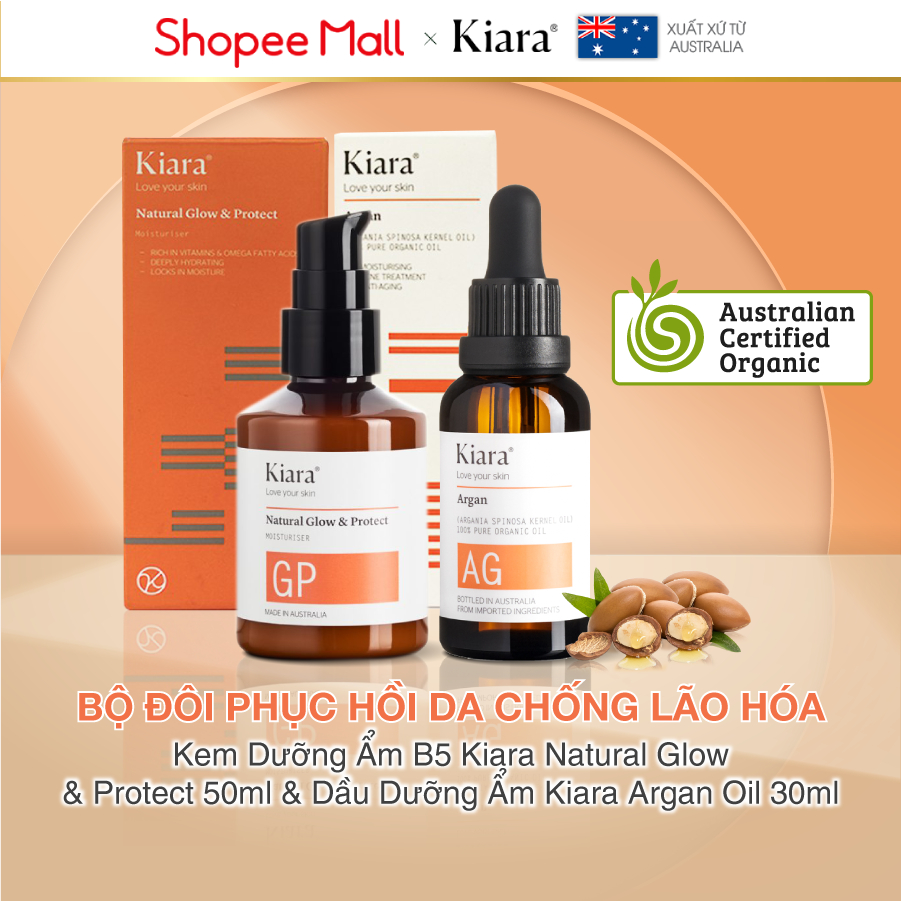 Bộ đôi phục hồi da chống lão hóa Kem Dưỡng Ẩm B5 Kiara Natural Glow & Protect 50ml & Dầu Dưỡng Ẩm Kiara Argan Oil 30ml