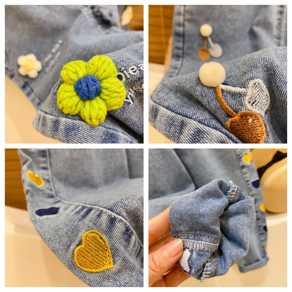 Quần Jean dài bé gái Nami Kids thêu họa tiết hoa quả chất co giãn thoải mái