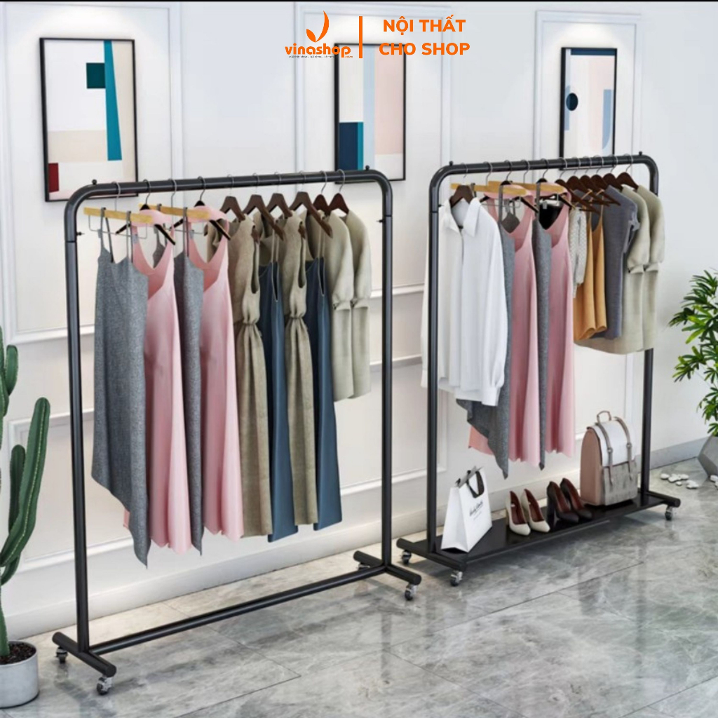 Xào trưng đồ shop, giá kệ treo quần áo, Sào sắt 1 tầng cao 1m5 treo đồ shop nữ, chân chữ T. VNS-011