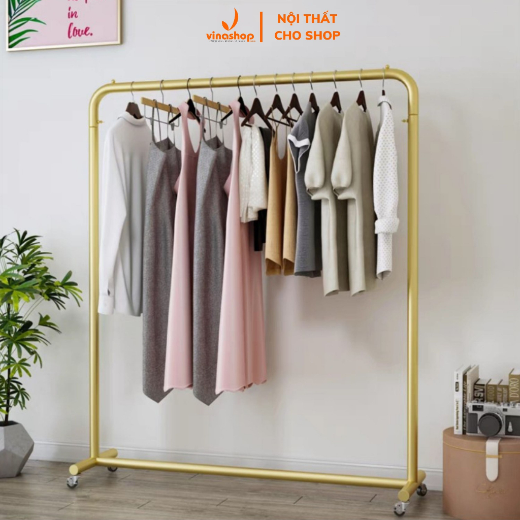 Xào trưng đồ shop, giá kệ treo quần áo, Sào sắt 1 tầng cao 1m5 treo đồ shop nữ, chân chữ T. VNS-011