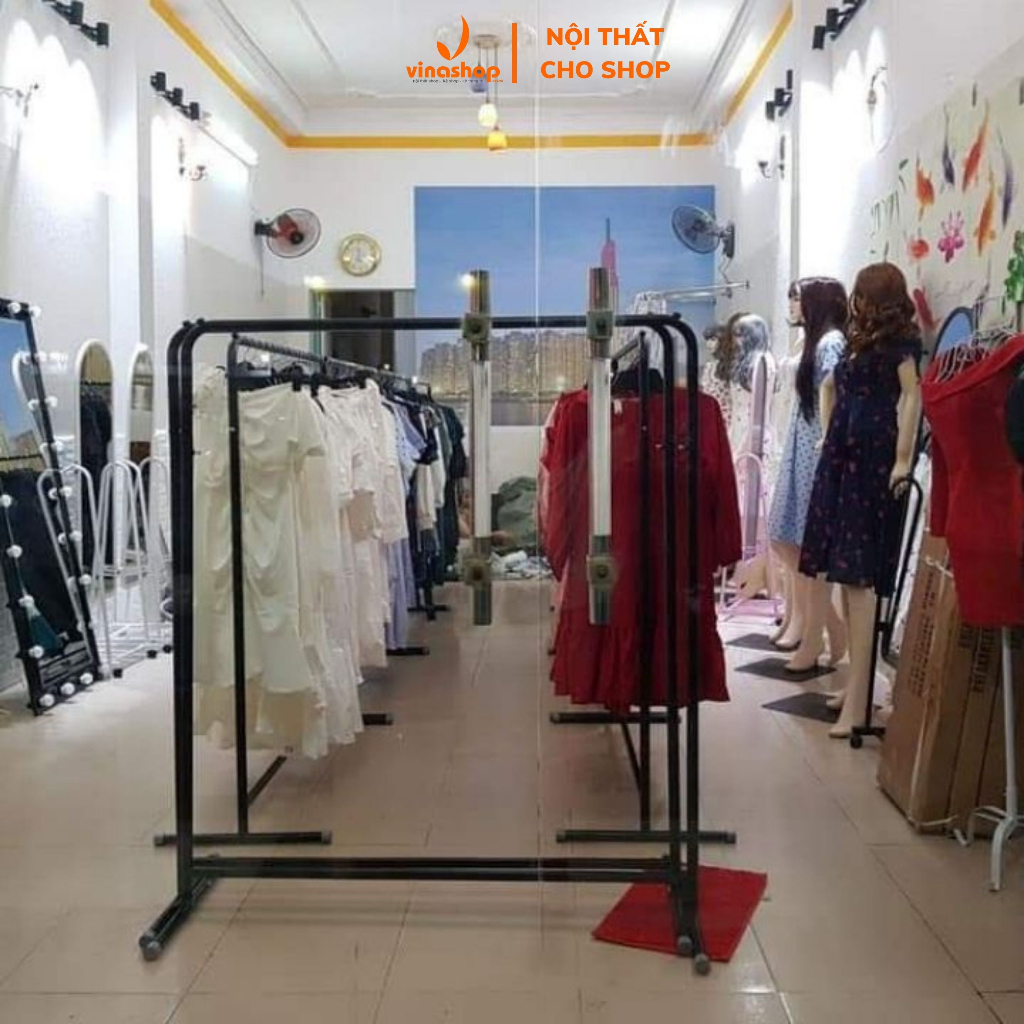 Xào trưng đồ shop, giá kệ treo quần áo, Sào sắt 1 tầng cao 1m5 treo đồ shop nữ, chân chữ T. VNS-011