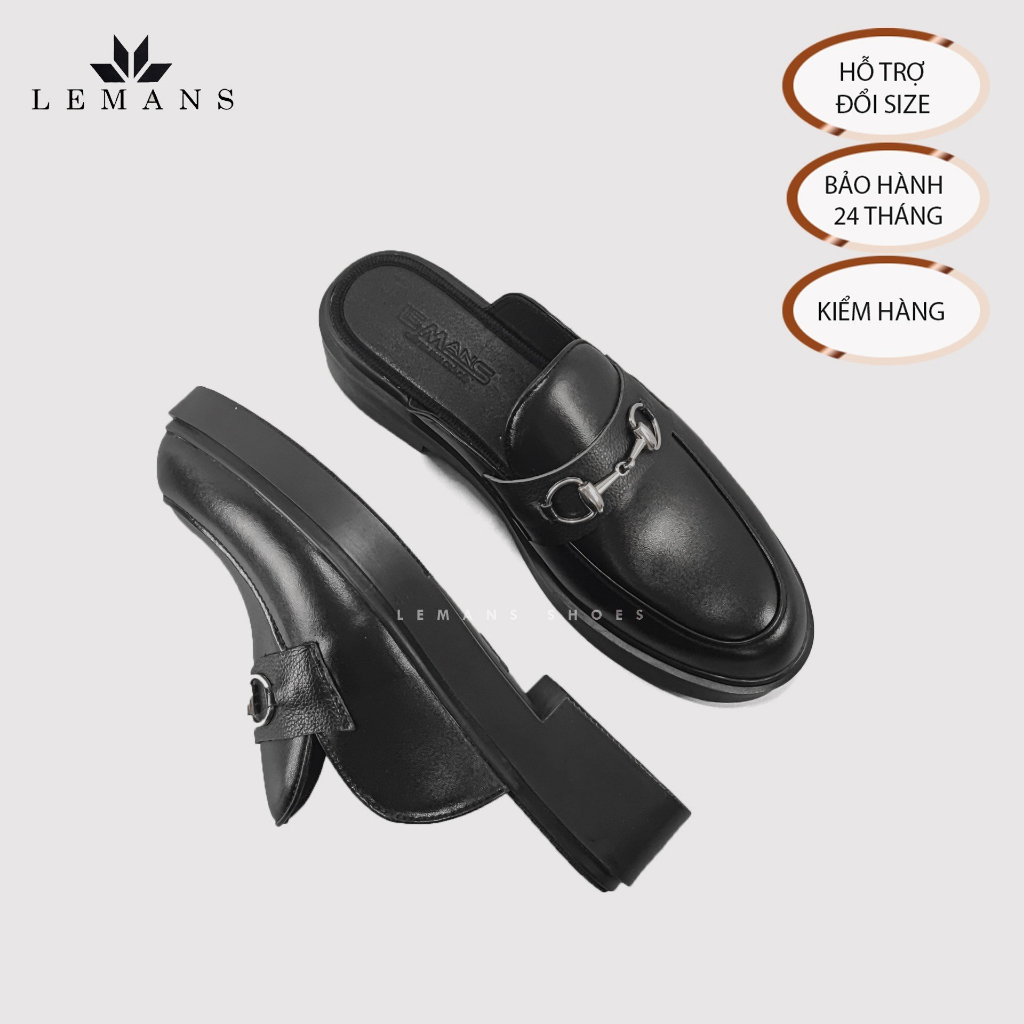 Giày Sục da bò Mules Loafer LEMANS - Black cao cấp, Gót tăng cao 4cm Sản xuất thủ công Đế độc quyền, Bảo hành 24 tháng