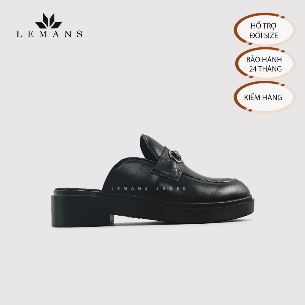 Giày Sục da bò Mules Loafer LEMANS - Black cao cấp, Gót tăng cao 4cm Sản xuất thủ công Đế độc quyền, Bảo hành 24 tháng