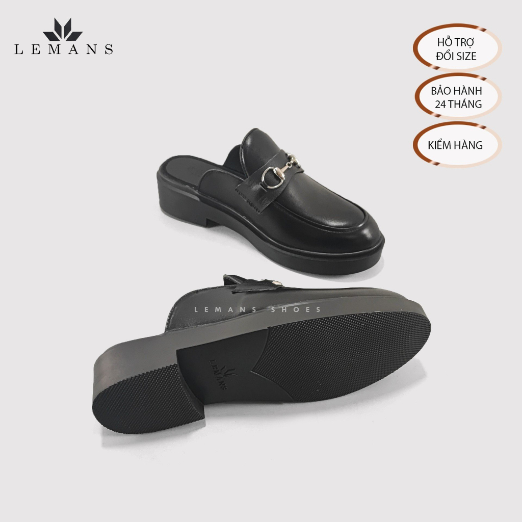 Giày Sục da bò Mules Loafer LEMANS - Black cao cấp, Gót tăng cao 4cm Sản xuất thủ công Đế độc quyền, Bảo hành 24 tháng