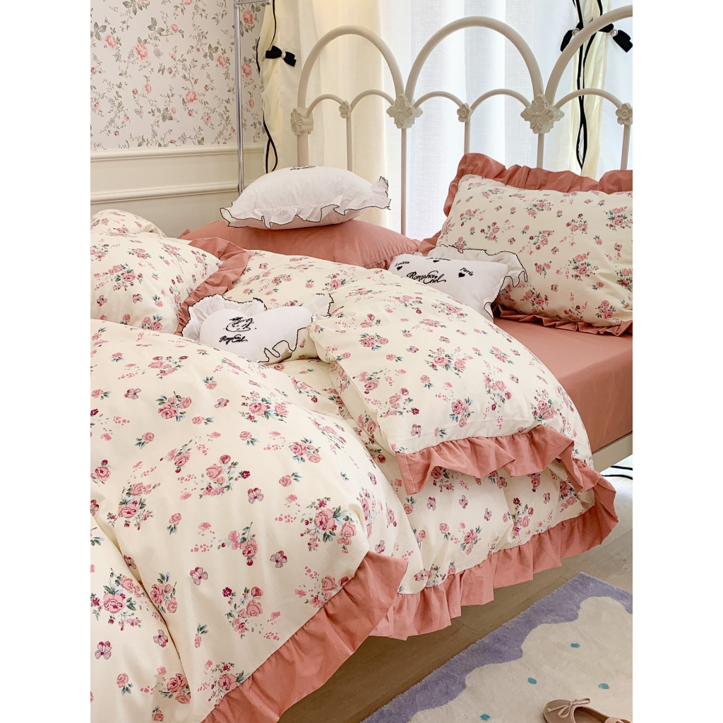 Bộ Chăn Ga Gối Cotton Hoa Nhí Vintage Phối Bèo Kiểu Pháp