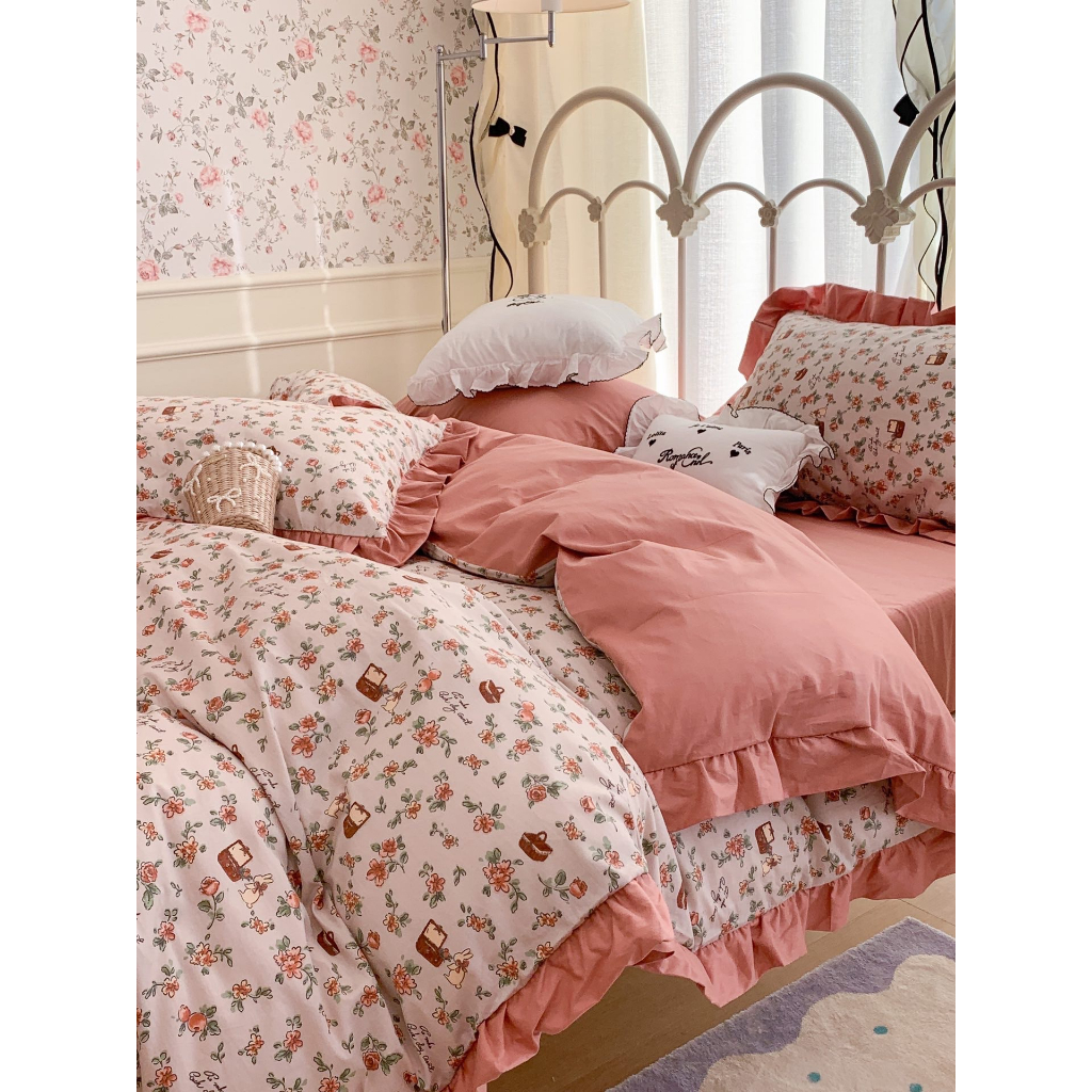 Bộ Chăn Ga Gối Cotton Hoa Nhí Vintage Phối Bèo Kiểu Pháp