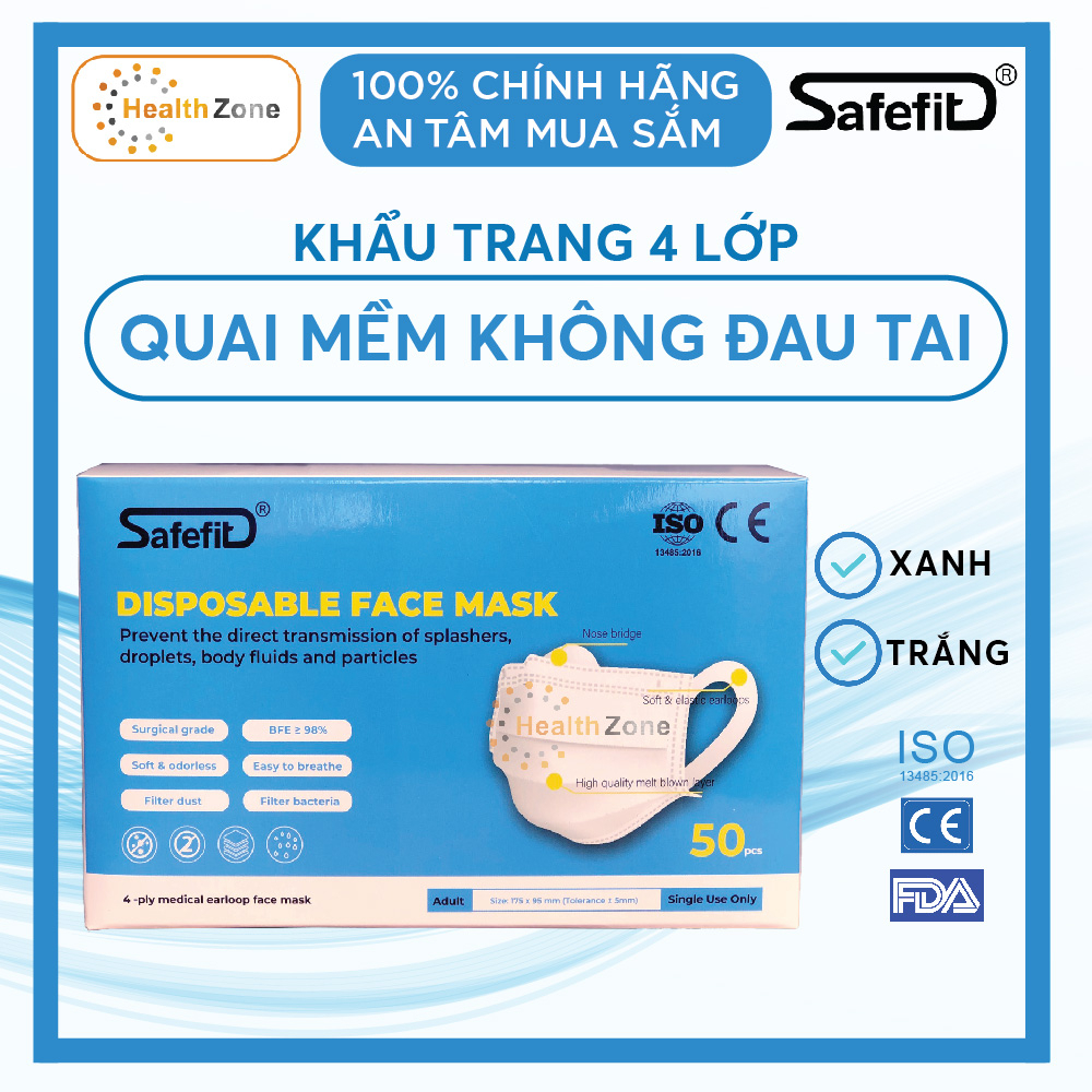 Khẩu Trang Quai Mềm SAFEFIT 4 Lớp, Hộp 50 Chiếc