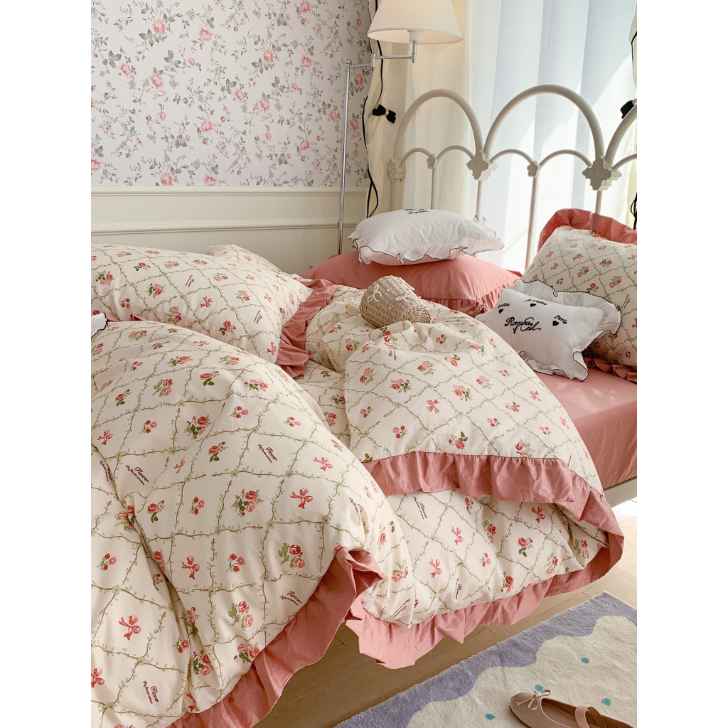 Bộ Chăn Ga Gối Cotton Hoa Nhí Vintage Phối Bèo Kiểu Pháp