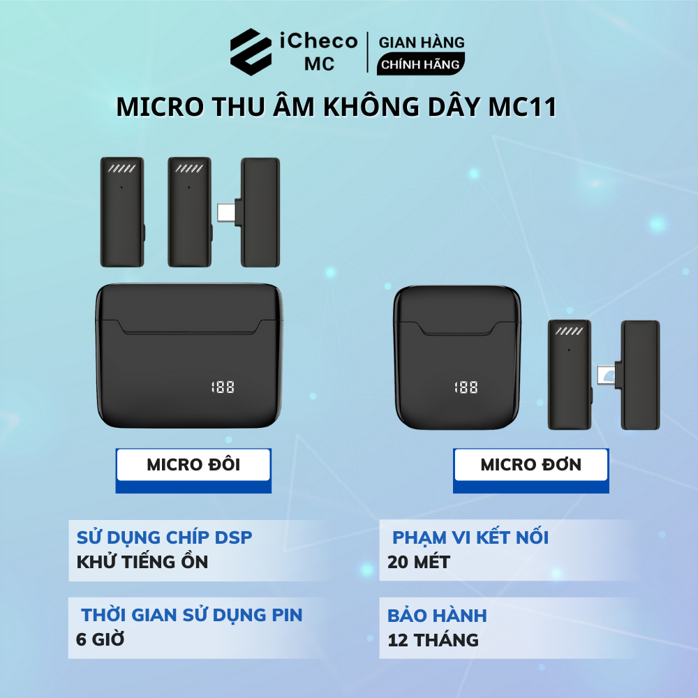 Micro thu âm không dây cài áo khử tiếng ồn cho điện thoại ICHECO MC MC11