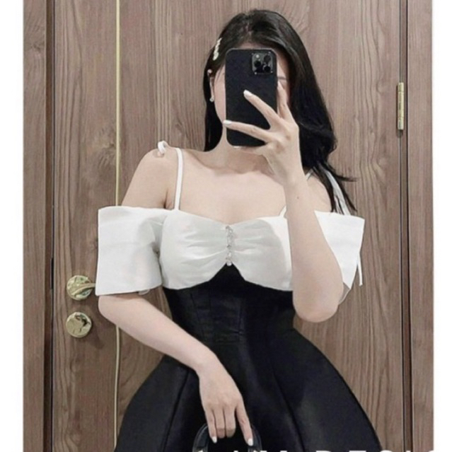 Váy nữ dự tiệc đầm dáng ngắn vải tacta hàng loại 1 trễ vai phối cổ trắng nơ mặc đi chơi xinh shop HK Design (Ảnh thật)
