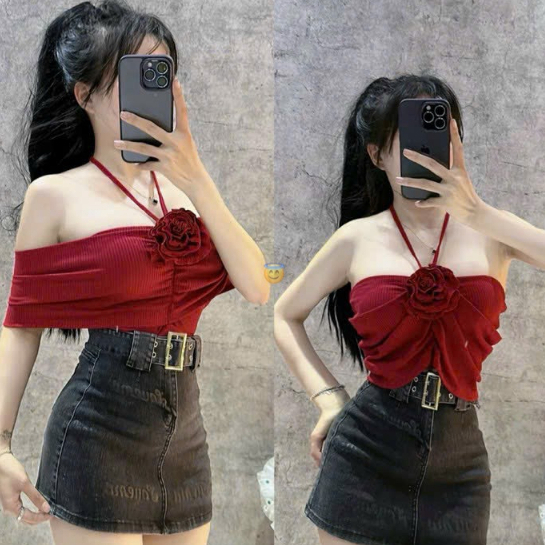 áo lưới nhung nhũ đính hoa bẹt vai rủ mềm mát