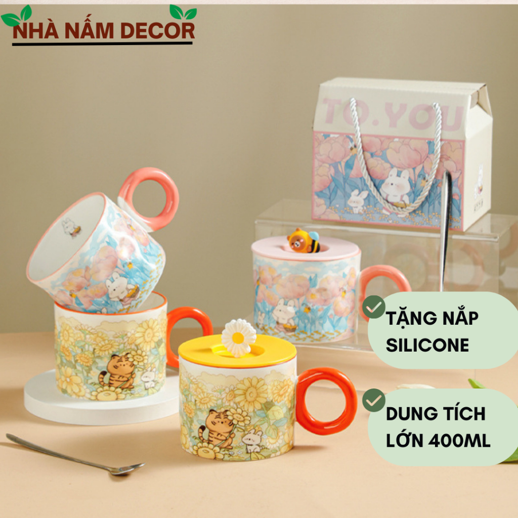 Cốc sứ dễ thương dung tích 450ml có nắp