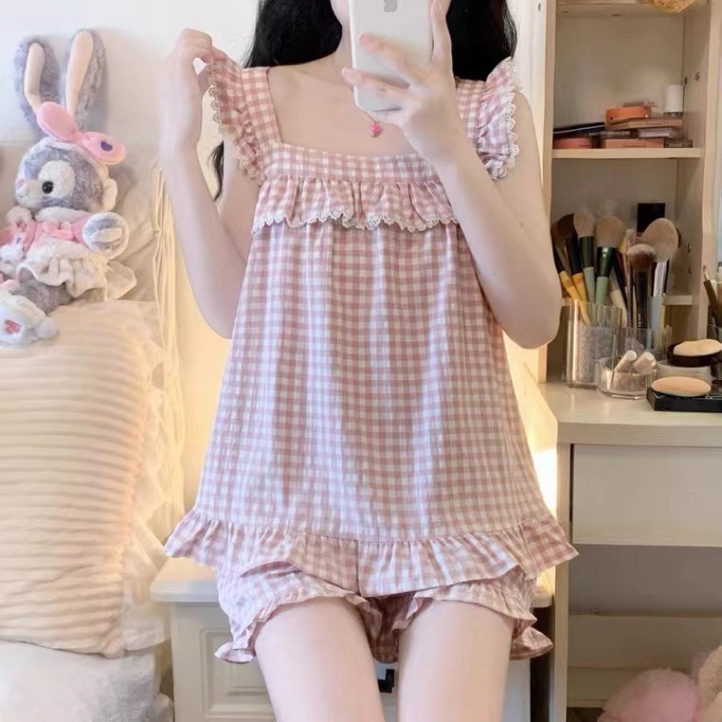 Bộ 2 dây mặc nhà cánh tiên dáng rộng, quần áo ngủ nữ chất liệu kẻ xốp bèo ren dễ thương phong cách Hàn Quốc