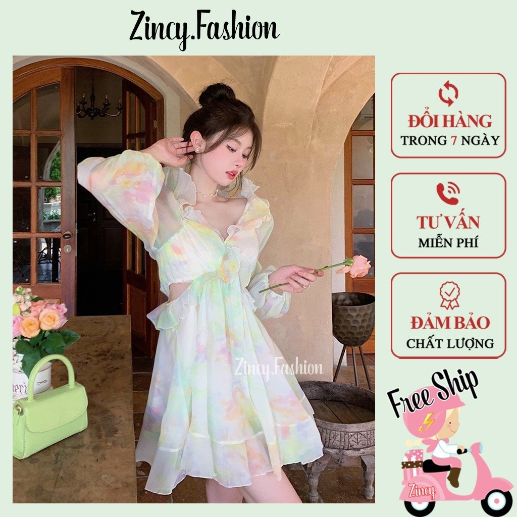 Đầm trễ vai tay dài nơ lưng cut eo, váy hoa nhí xòe dáng ngắn cho nữ dễ thương gợi cảm XKHEO02