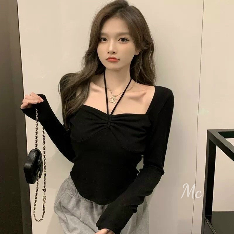 áo tay dài cổ vuông nhúm ngực phối dây đeo cổ thun gân mc