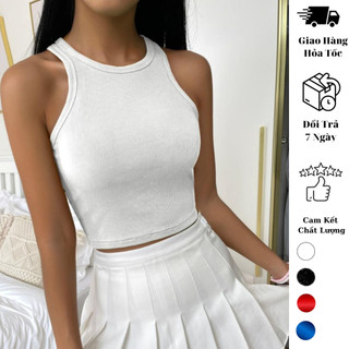 Áo croptop nữ trơn JUNE.SG sát nách cổ tròn thun bo gân co giãn form basic D011