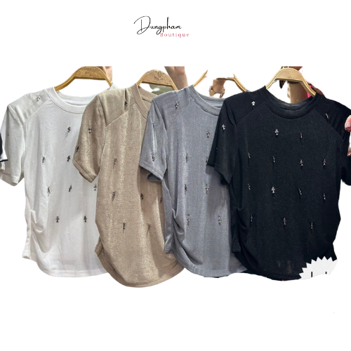 Áo thun nhũ đính chữ thập ngắn tay áo croptop nữ rút eo rúm eo mongtoghi cổ tròn có đệm vai - Anna.Store