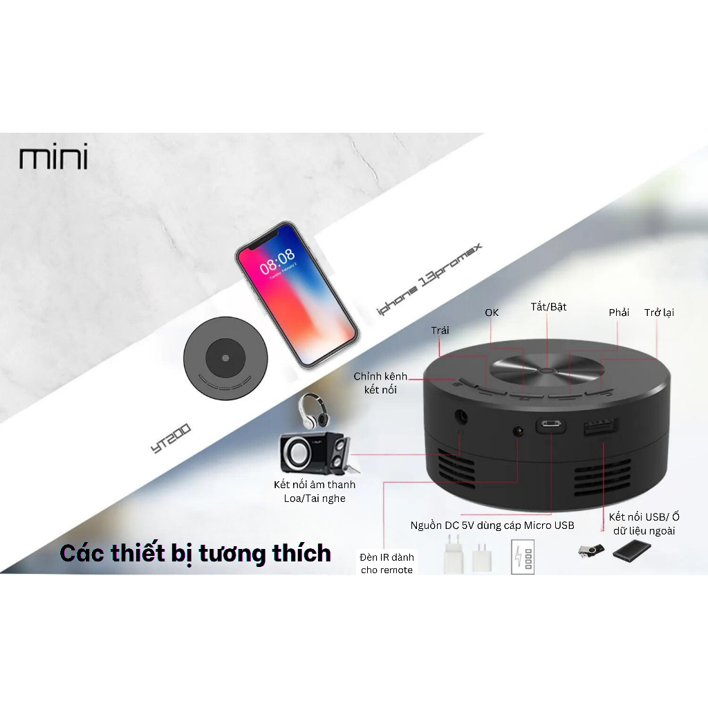 Máy Chiếu Mini LED Rotundity YT200 Độ Phân Giải Full HD 1080p cho điện thoại, hỗ trợ chiếu màn hình đến 100 inches