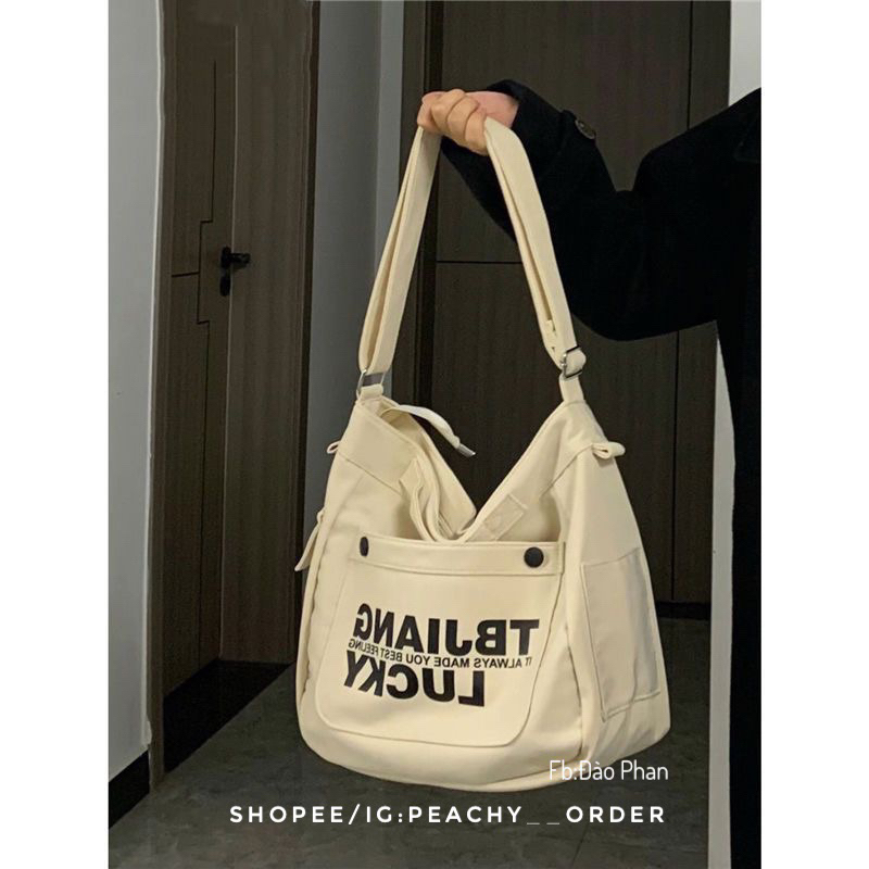 • Order • Túi Đeo Vai Vải Canvas Cỡ Lớn In Chữ Phong Cách Preppy Mới Dễ Phối Đồ