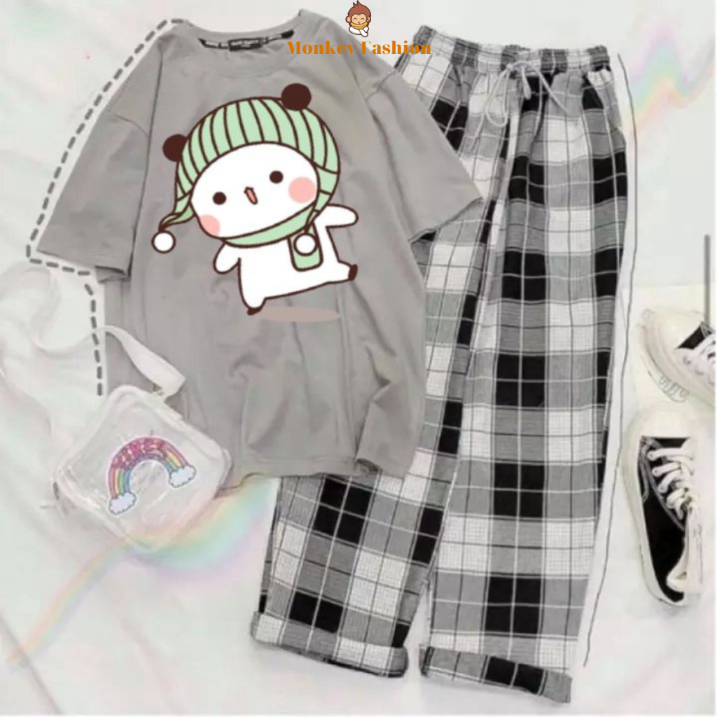 Set Đồ Bộ Nữ Đẹp Cotton Đi Chơi Đi Học Siêu Xinh , Áo Thun Phông Nữ Cotton In Mèo Mũ Len Mix Quần Caro Xám Ống Rộng Nữ