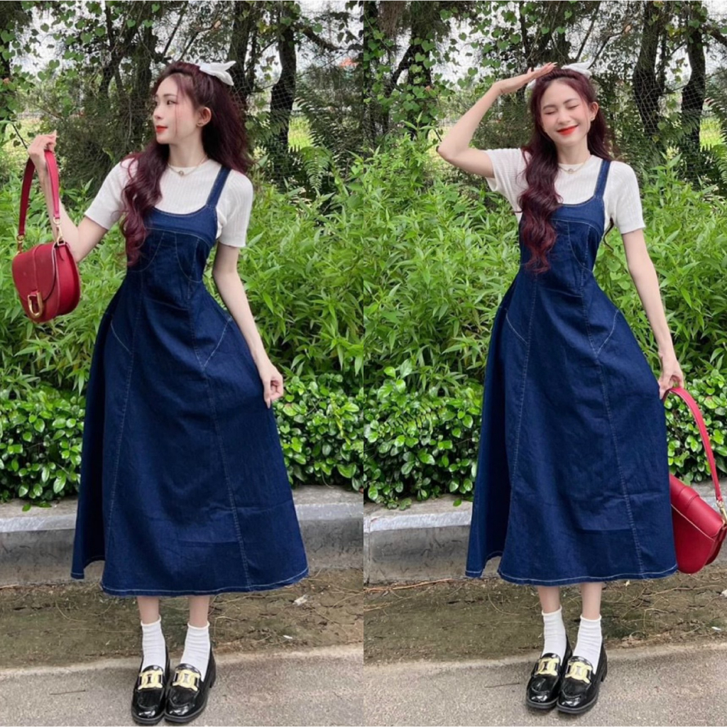 Set yếm jean nữ hai dây mix dáng váy xòe dài phối áo thun ôm xinh xắn dành cho các nàng đi chơi, đi dạo siêu cute.