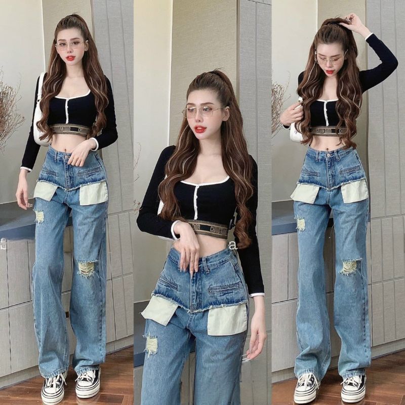 Áo tay dài croptop phối viền bo chữ loại đẹp ( ảnh trải sàn tự chụp )