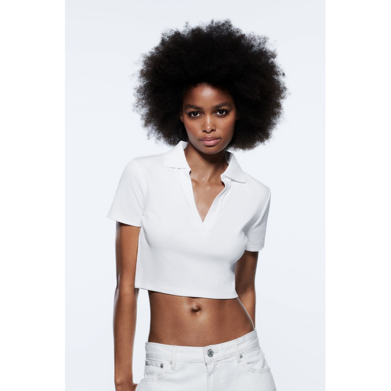 ZARA Đức - Áo polo dáng ngắn auth new tag croptop chính hãng màu xanh trắng nâu đen thun tay ngắn ôm body 3641/303