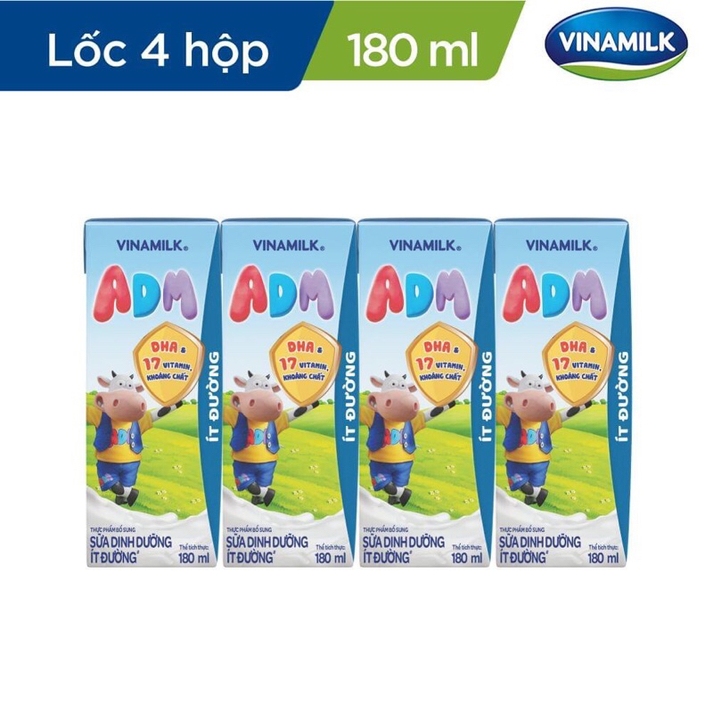 Sữa dinh dưỡng Vinamilk ADM Ít Đường 180ml lốc 4 hộp