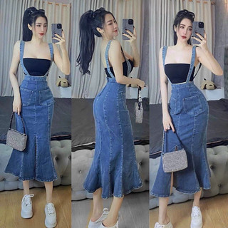 Yếm jean váy đuôi cá xẻ tà trước túi kiểu