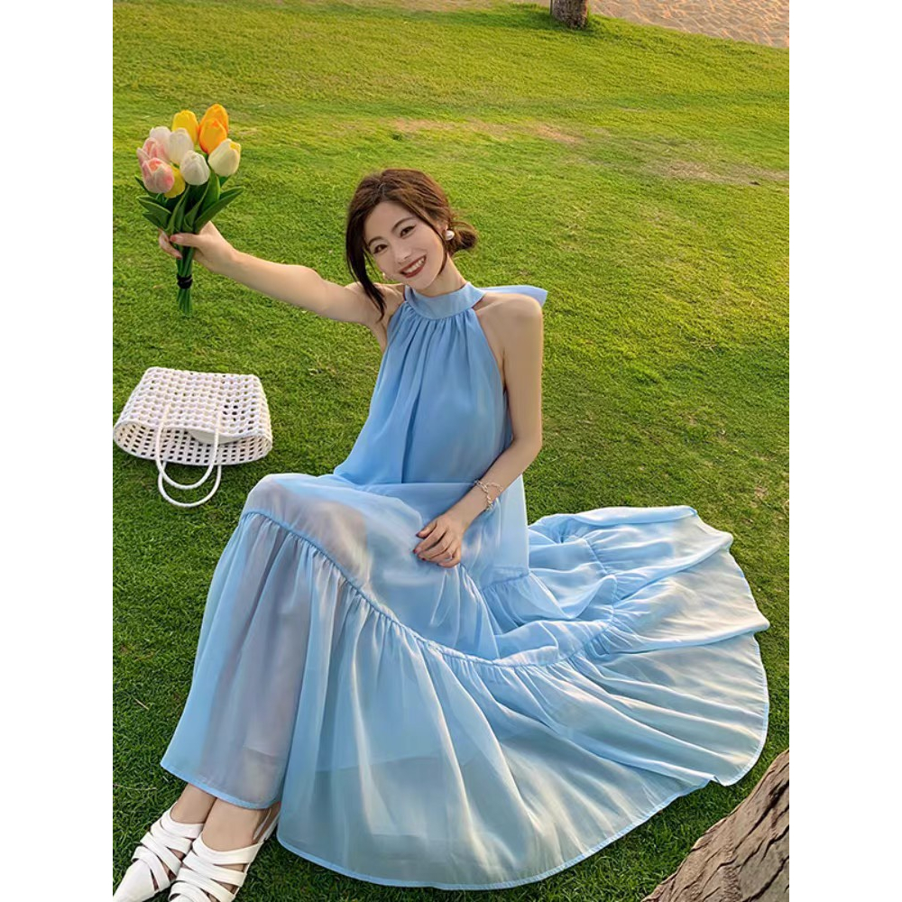VÁY ĐẦM MAXI ĐI BIỂN CHẤT LIỆU TƠ MÀU XANH DƯƠNG CỔ YẾM NƠ LƯNG SIÊU XINH
