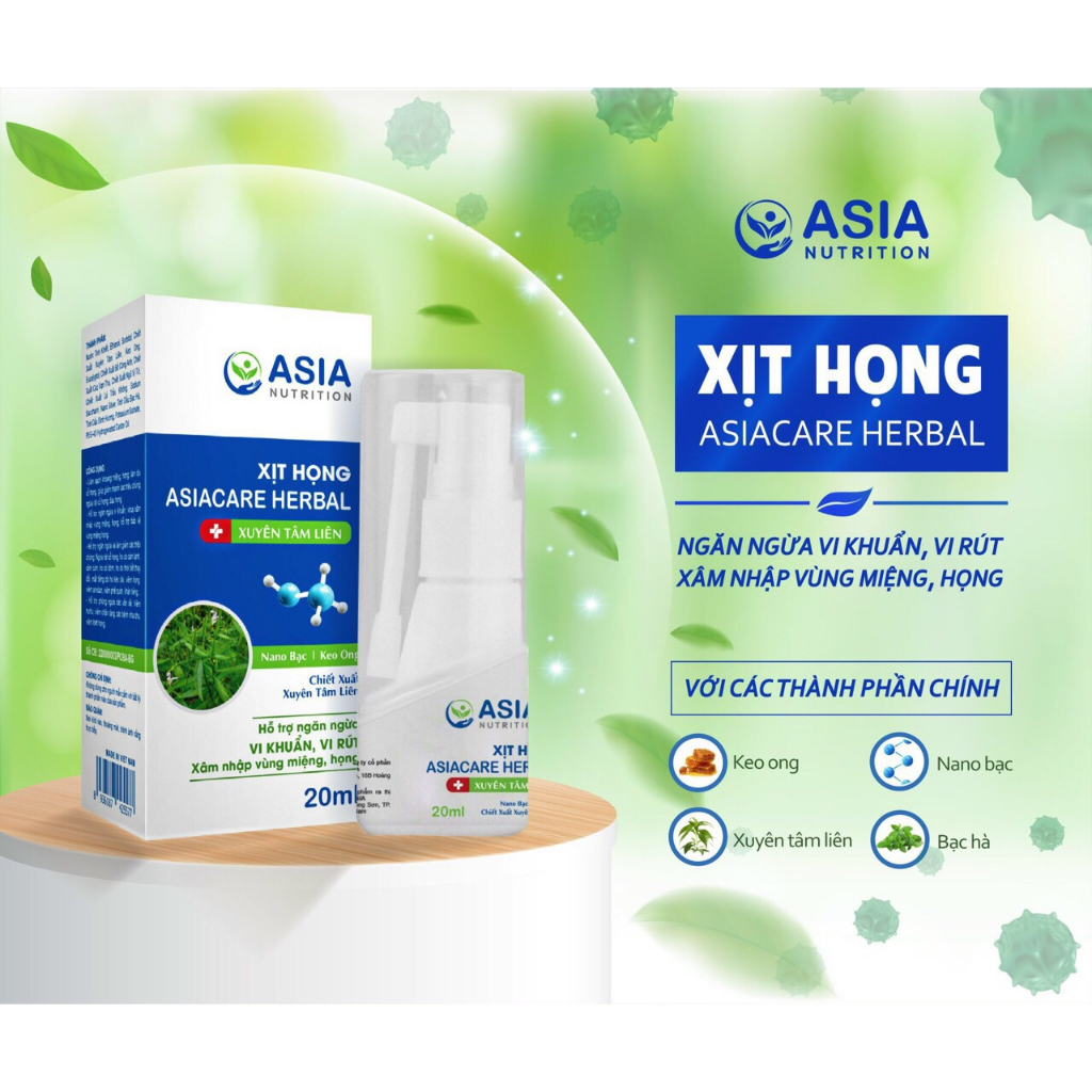 Xịt họng Asiacare Herbal Asia laco 20ml tác dụng ngăn ngừa vi khuẩn, vi rut xâm nhập vùng miệng, họng, giảm ho