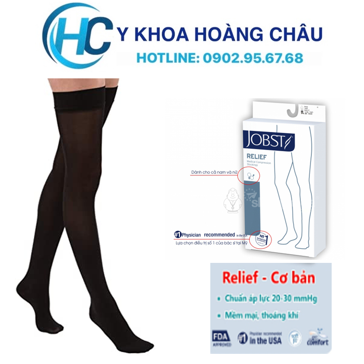 Vớ y khoa giãn tĩnh mạch (vớ đùi) silicone JOBST Relief - Cơ bản màu đen, kín ngón, 20 - 30 mmHg (tất y kho