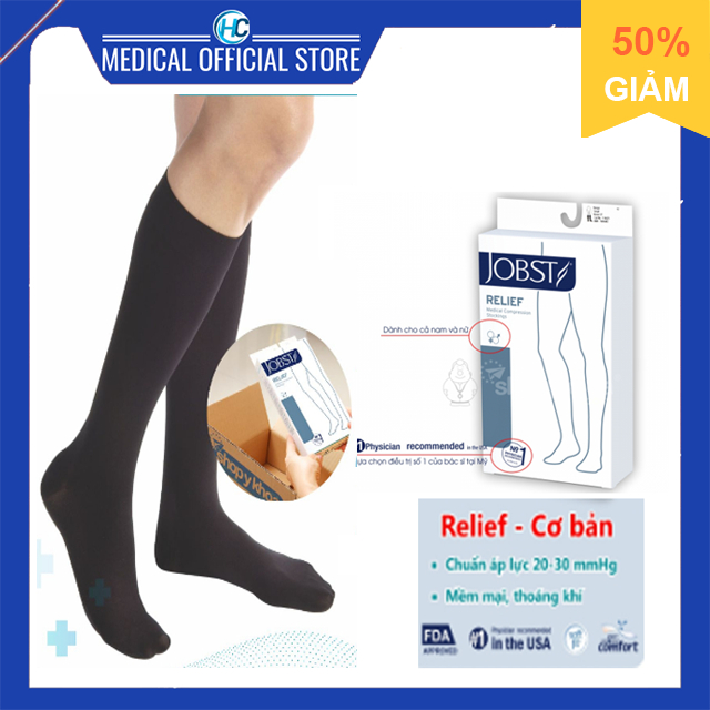 Vớ y khoa gối JOBST Relief - Cơ bản, màu đen, kín ngón, 20-30mmHg, giãn tĩnh mạch chân (tất y khoa)