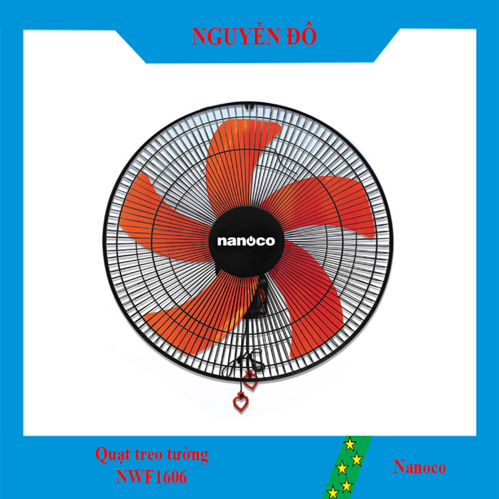 Quạt treo tường CN Nanoco NWF1606, điều khiển quạt bằng giật 2 dây, màu đen cam, motor bằng đồng, sử