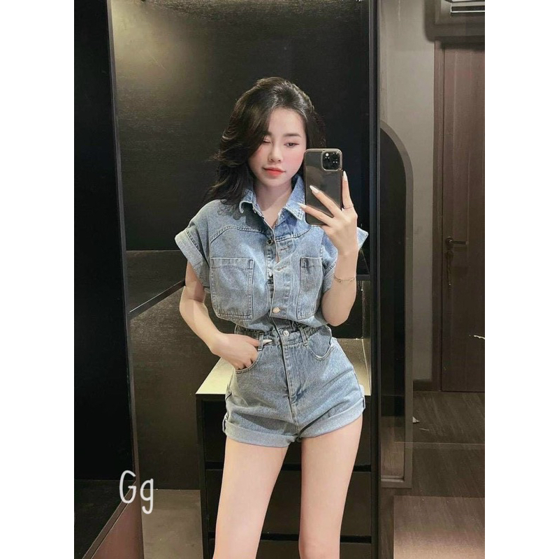 Jum jean đùi tay ngắn cổ gập, vải jean QC dày dặn đẹp