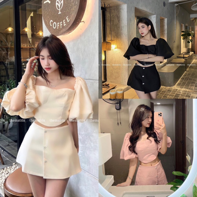 Set Áo Tay Bồng Cúp Ngực Mix Chân Váy Chữ A Nơ Đá Hàng 2 Lớp, Set Bộ Nữ Croptop Sang Chảnh Có Ảnh Thật
