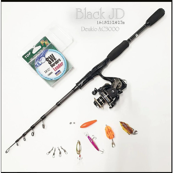 Bộ cần câu lure máy Đứng JD rút gọn 60cm làm từ carbon kèm máy Deukio AC3000 và hộp mồi lure BCM14