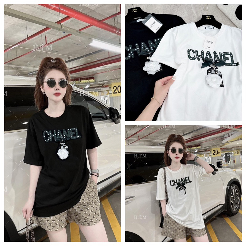 [ 𝐅𝐑𝐄𝐄 𝐒𝐇𝐈𝐏 ] Set áo phông Cha.nel hoa trà mix quần sooc Áo cotton khô QC l1 dày đẹp,hình kim sa đính nổi tag nơ cài rời