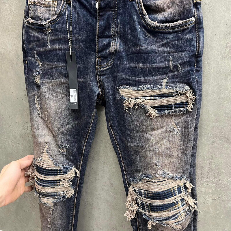 Quần bò amiri likeauu rách phối vải xanh sọc -6822