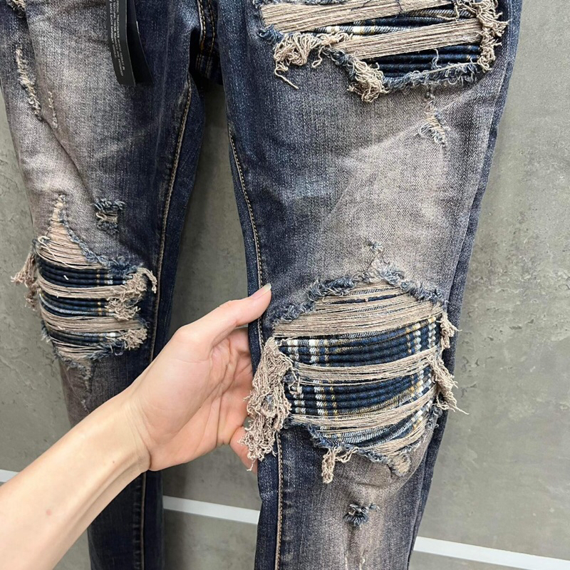 Quần bò amiri likeauu rách phối vải xanh sọc -6822