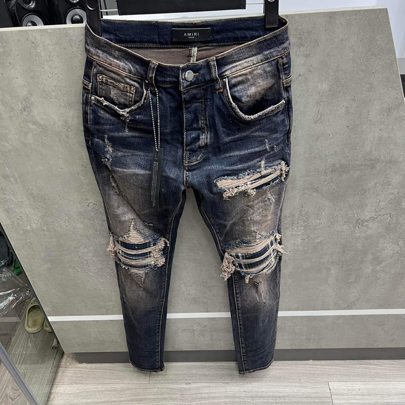 Quần bò amiri likeauu rách phối vải xanh sọc -6822