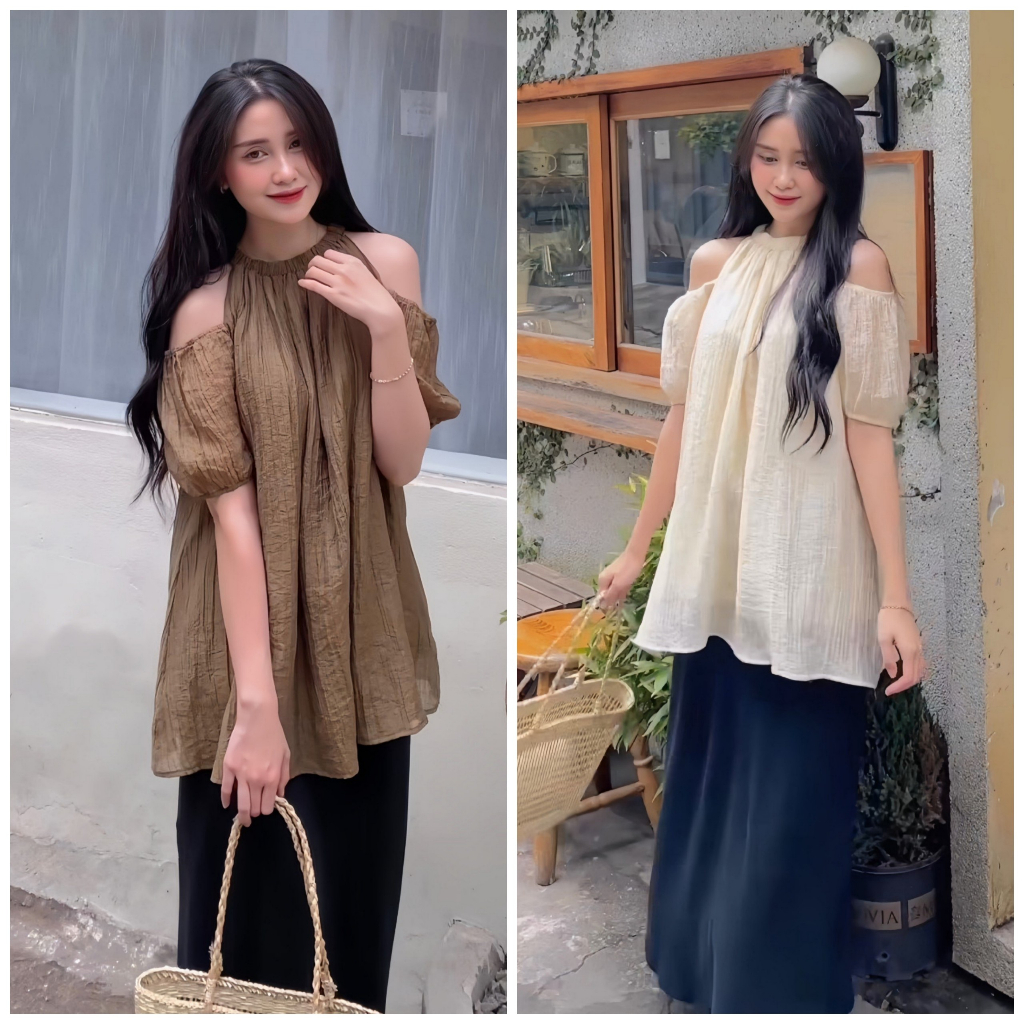 Áo bánh bèo hở vai, Áo babydoll cổ yếm khoét vai hai lớp cực sang chảnh