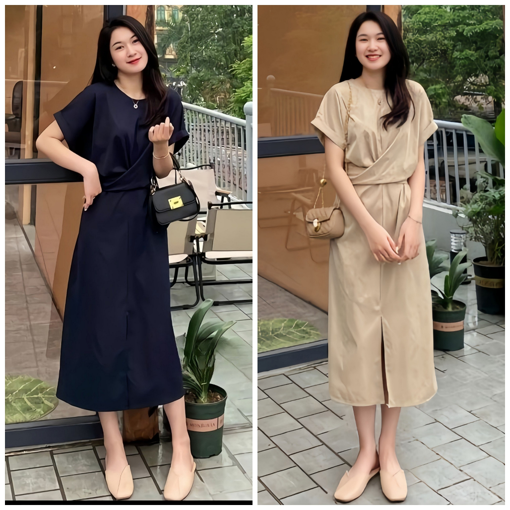 Váy suông dáng dài, Đầm xoắn eo vintage xẻ tà thắt nơ lưng