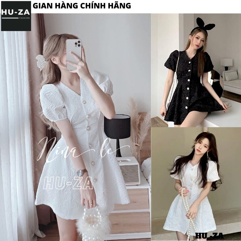 Đầm gấm xốp nữ cúc giữa cổ V dáng xòe tay bồng - Váy khoét eo sau 2 màu đen trắng thời trang - HUZA V09